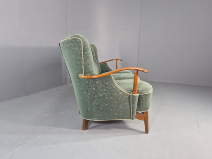 Danish 1950s 3 seater Sofa Shell Back Green Moquette Curved Front EB12768