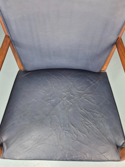 Vintage Mid Century Teak Armchair Blue Leather 1960s Retro EB11908