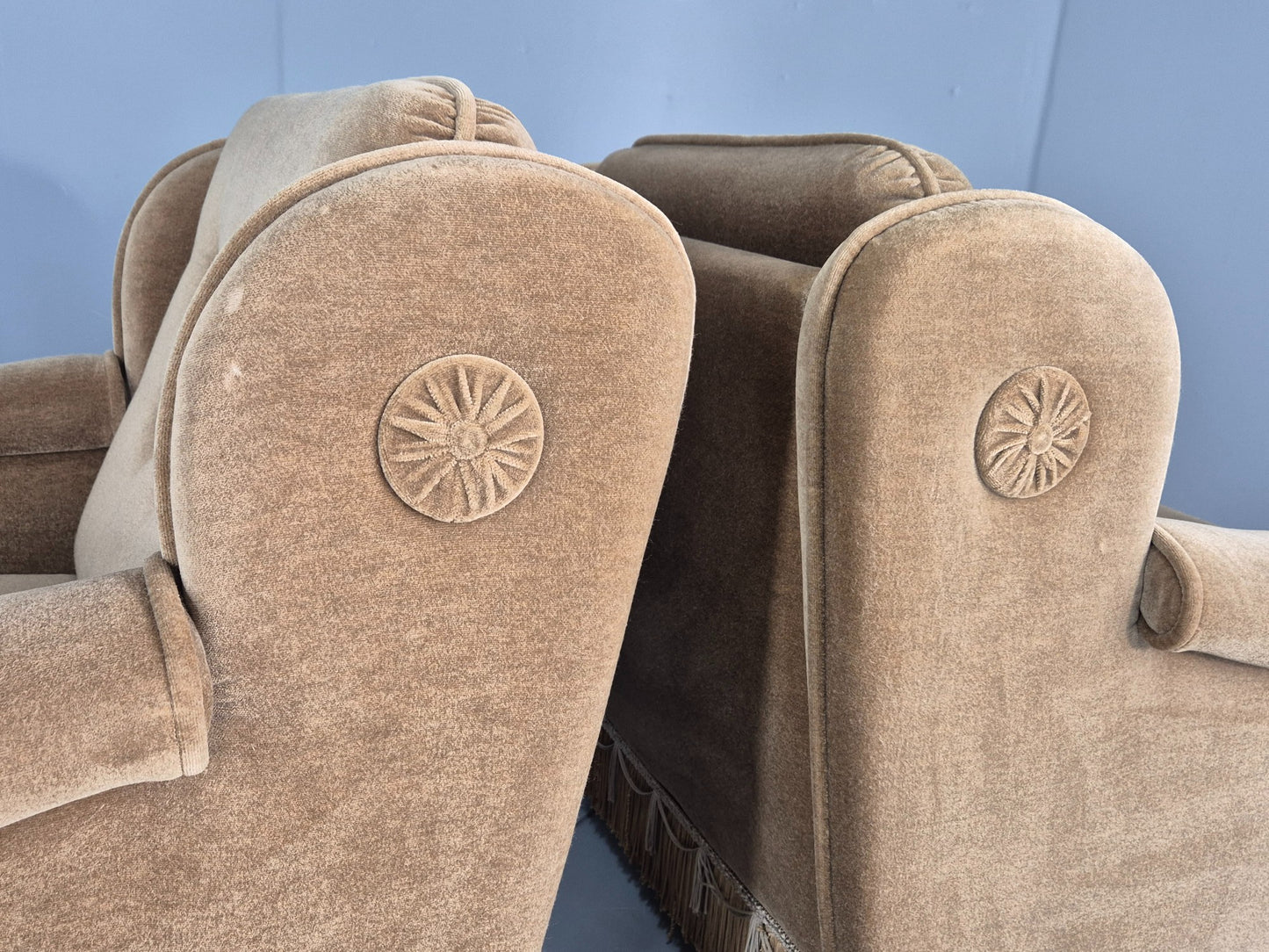 Vintage 1970s Lounge Chairs Green Velour Tassels Wing Back Danish Retro EB12137