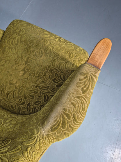 Vintage Danish Lounge Chair Green Floral Moquette Teak Detail MCM Retro EB13040