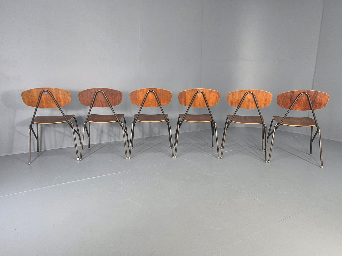 6 Vintage Danish Stacking Chair Industrial Steel and Teak Ply Retro MCM  EB12475