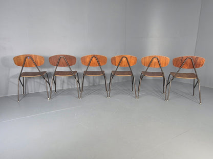 6 Vintage Danish Stacking Chair Industrial Steel and Teak Ply Retro MCM  EB12475