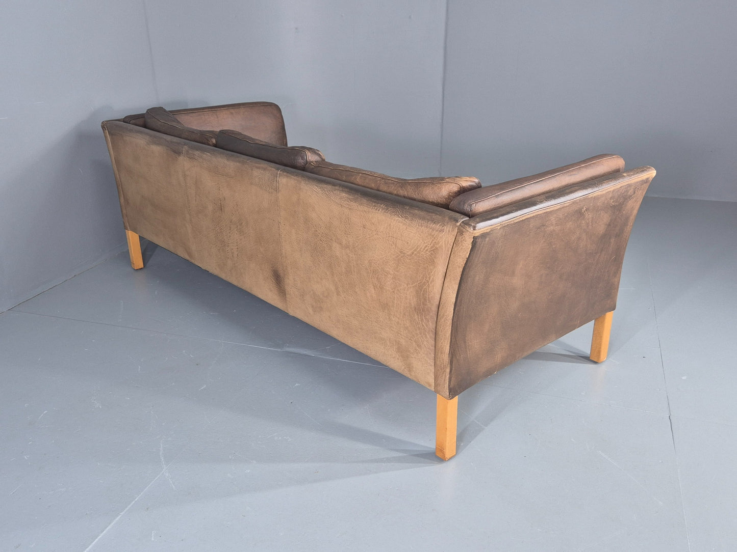 Vintage Danish 3 Seater Sofa 1970s Brown Leather Patinated Retro MCM EB12412