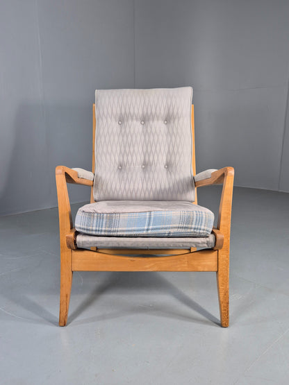 Vintage Cintique Lounge Chair Beech Frame Mid Century Retro Blue Fabric EB11947