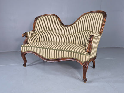 Antique Neo Rococo Serpentine Sofa Danish Mahogany Frame Green Cream EB12702