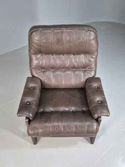 Vintage Mid Century Danish Leather Lounge Chair Stitched Detail Retro 70s EB8239