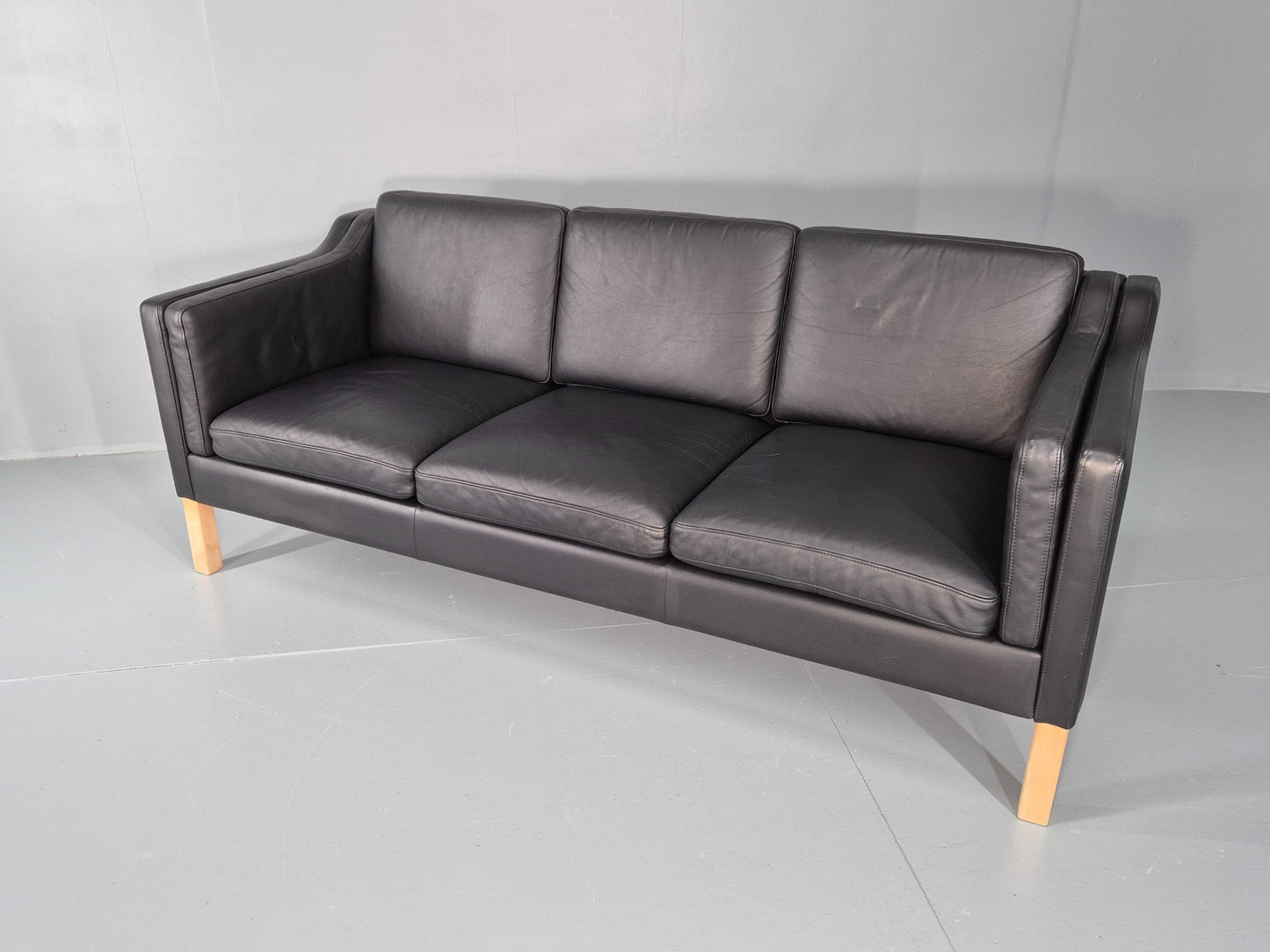 Vintage 3 Seater Sofa Danish Black Leather Mogensen Style Retro MCM 80s EB12440