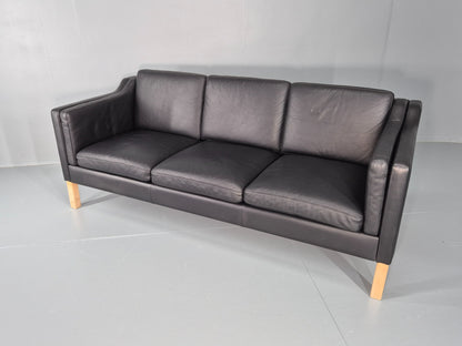 Vintage 3 Seater Sofa Danish Black Leather Mogensen Style Retro MCM 80s EB12440