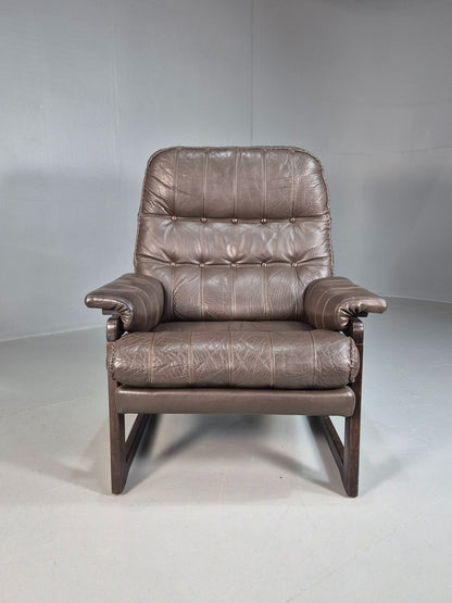 Vintage Mid Century Danish Leather Lounge Chair Stitched Detail Retro 70s EB8239
