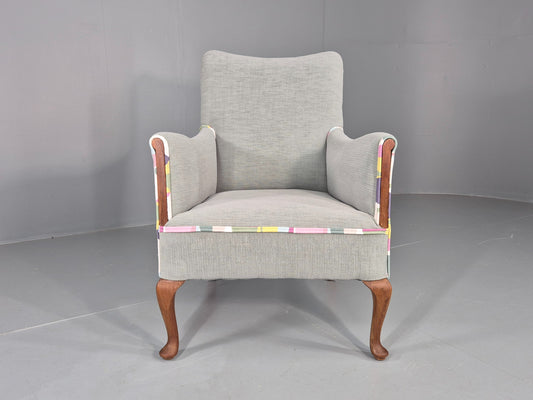 Vintage 1920s Armchair Reupholstered in Grey Green with Colour Accent EB11824