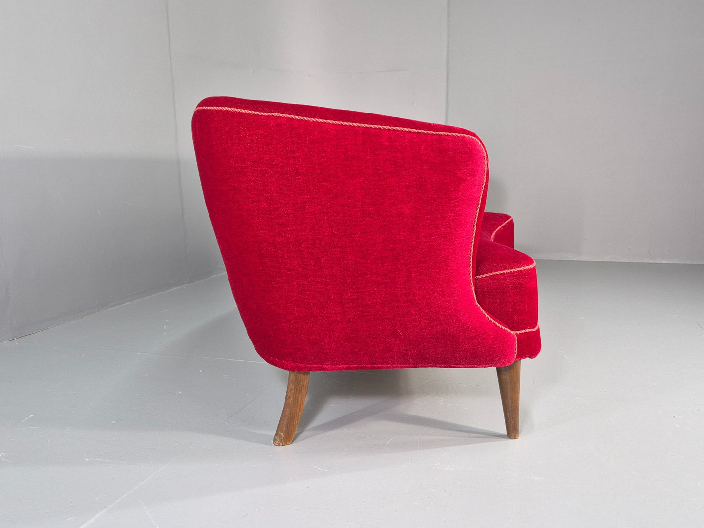 Vintage Danish Banana Sofa 3 Seater Red Velvet Velour 1950s Classic MCM EB12399
