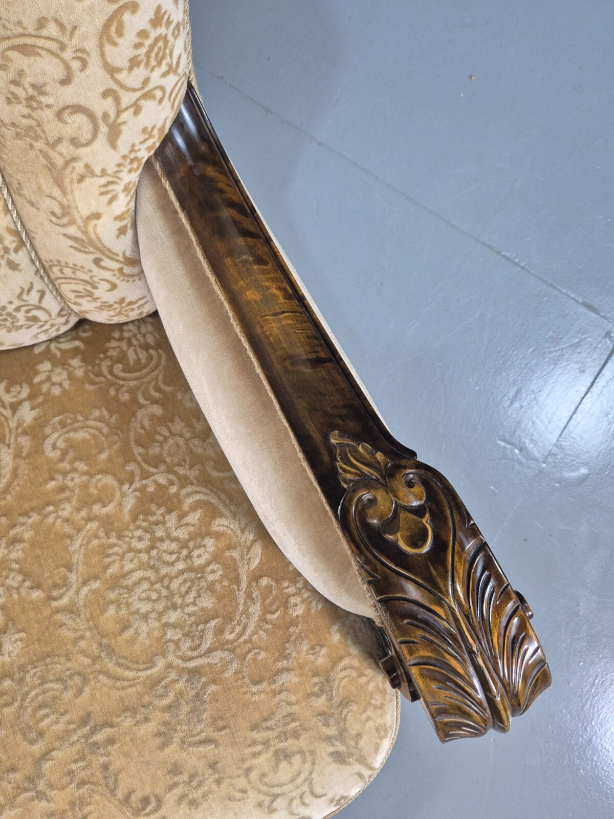 Vintage Danish Lounge Chair Beige Gold Upholstery Carved Frame 1930s EB7779 VCAR