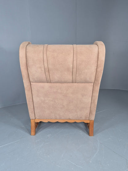 Vintage Wing Back Lounge Chair 1970s Danish Faux Suede on Oak Frame EB12774