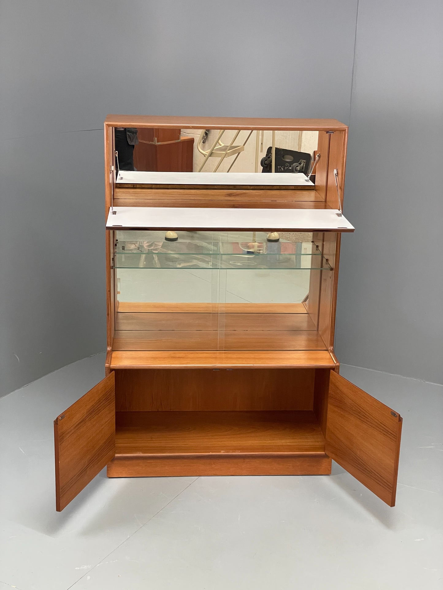 Vintage 1960s Cocktail Cabinet Teak White Formica Glazed Shelving EB12081