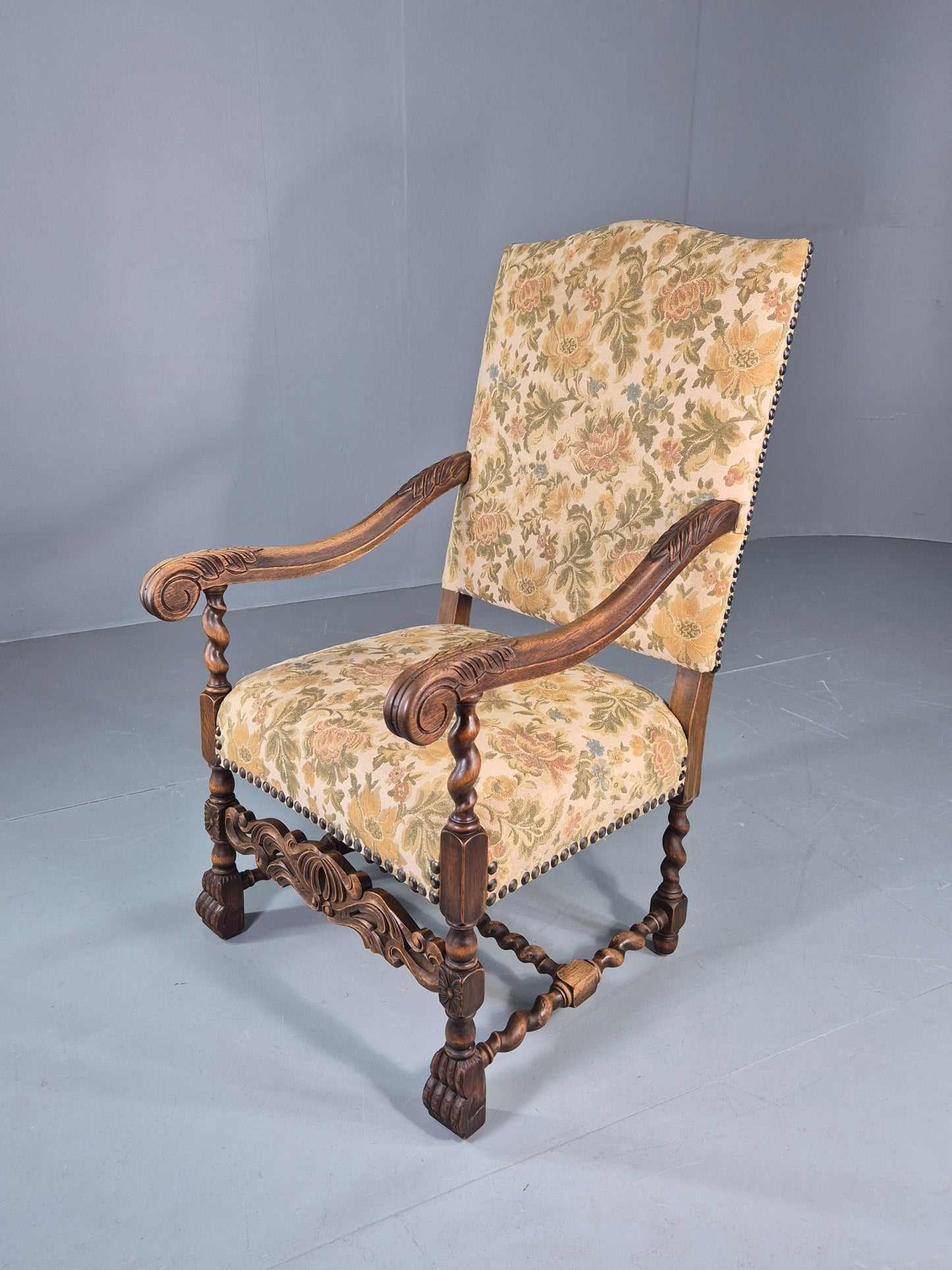 Vintage Baroque Style Armchair Carved Oak Frame 1950s Danish Antique EB12700