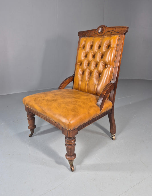Antique Library Chair Deep Buttoned Tan Leather Oak Frame 1900s EB11657