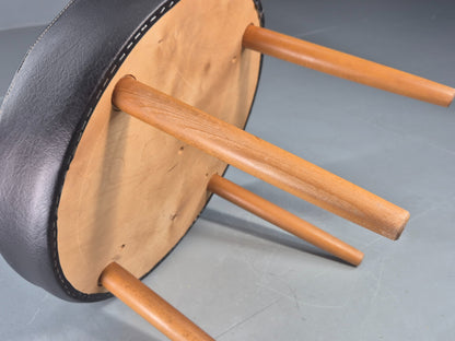 Vintage Danish Mid Century Footstool Black Vinyl Round Beech Legs Retro EB12092