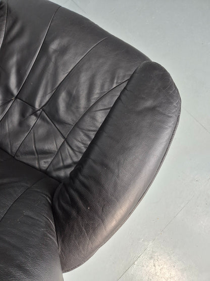 Vintage Leather Swivel Recline Armchair Black 1980s Design Retro EB12313