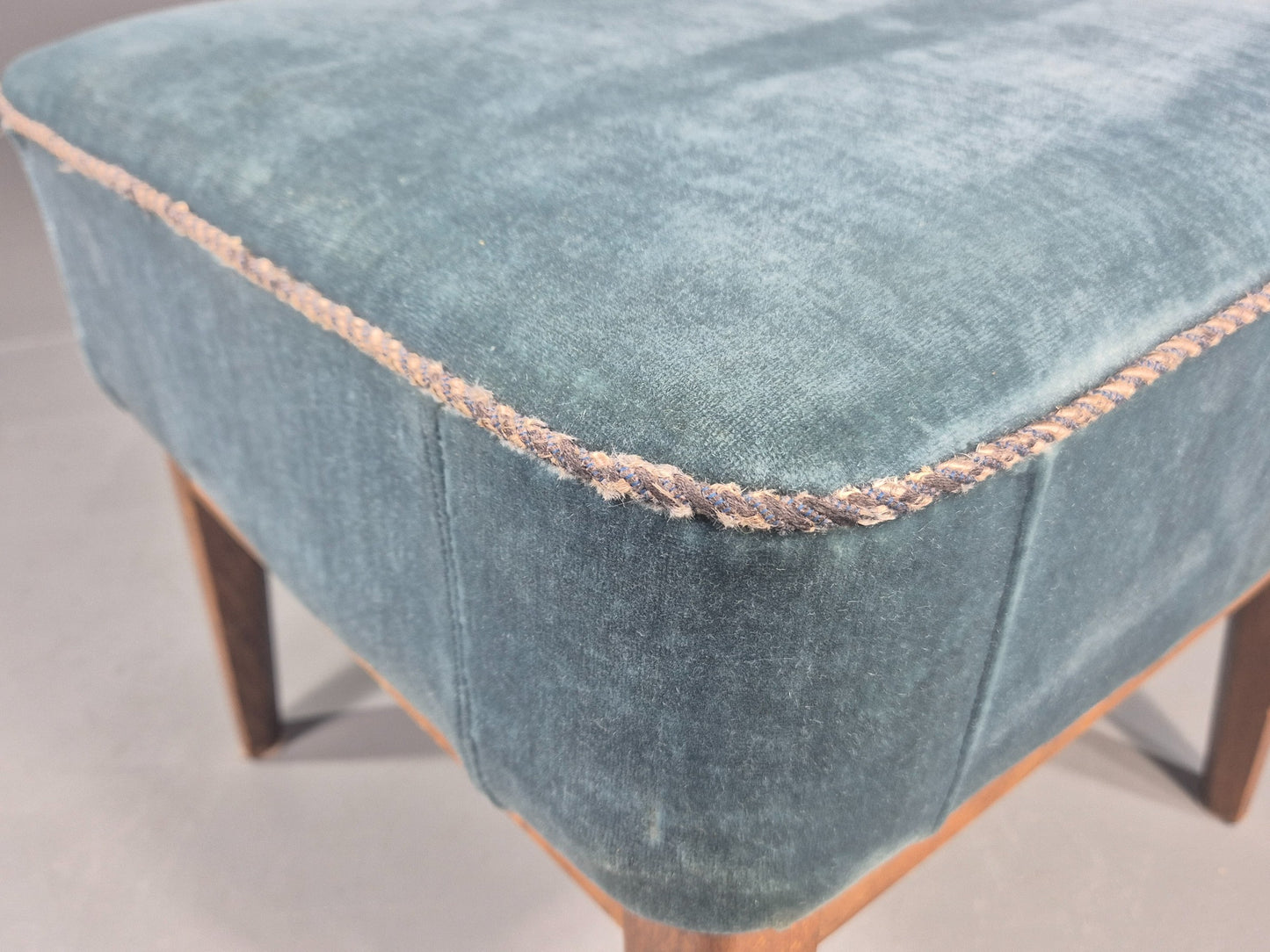 Vintage Danish Mid Century Footstool Blue Velour Upholstery 1950s Retro EB12053