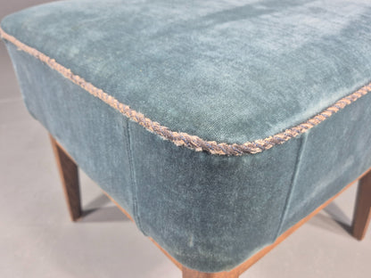 Vintage Danish Mid Century Footstool Blue Velour Upholstery 1950s Retro EB12053