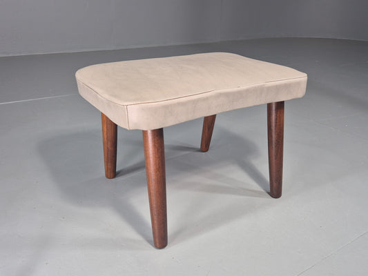 Vintage Mid Century Footstool Danish Cream Vinyl Teak Legs 1960s Retro EB12055