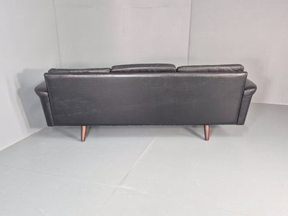 1960s 3-seater sofa Danish Design Black Leather Mid Century Retro Teak  EB10279