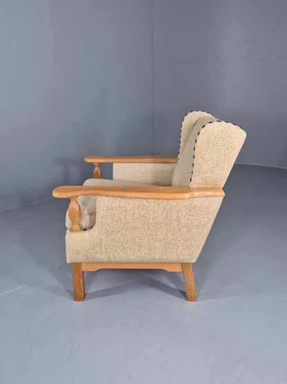 Vintage 1970s Lounge Chair Low Wing Back Kjaernulf Style Oak Retro Cream EB12719