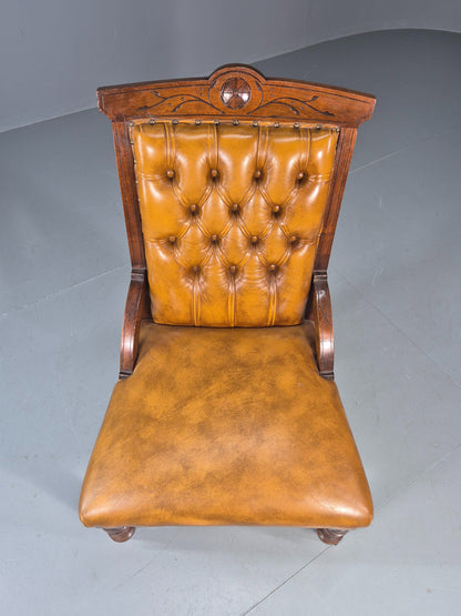 Antique Library Chair Deep Buttoned Tan Leather Oak Frame 1900s EB11657