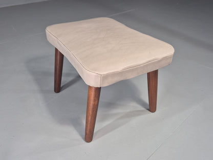 Vintage Mid Century Footstool Danish Cream Vinyl Teak Legs 1960s Retro EB12055