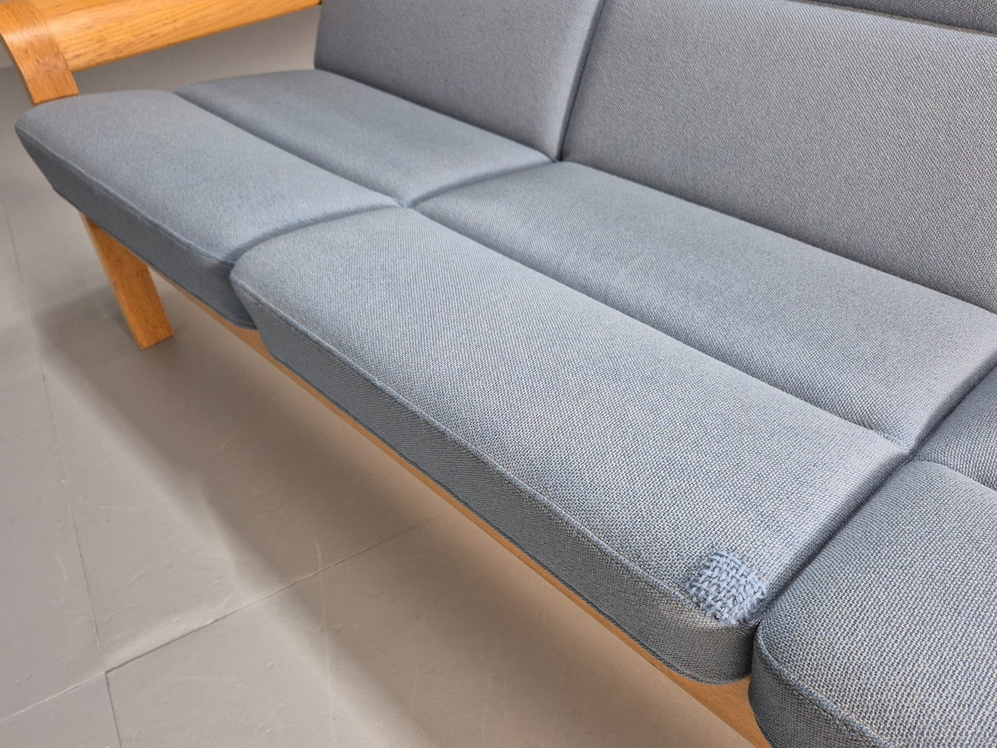 Vintage Danish Magnus Olesen Sofa Oak and Blue Wool 1970s EB9377 M3SS