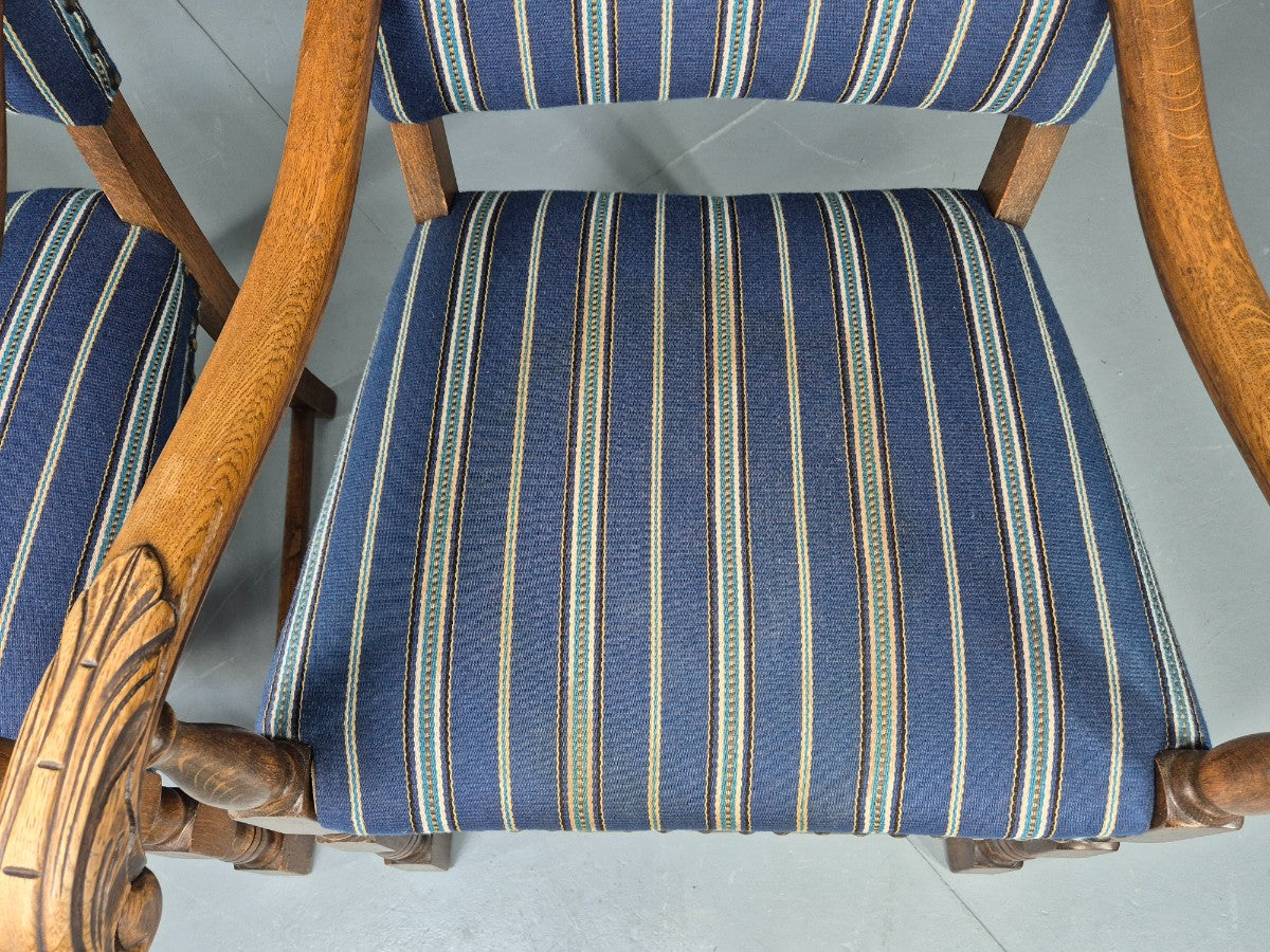 2 Vintage Danish Baroque Style Oak 1950s Elbow Chairs Blue Wool Stripe EB12647