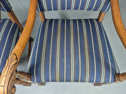 2 Vintage Danish Baroque Style Oak 1950s Elbow Chairs Blue Wool Stripe EB12647