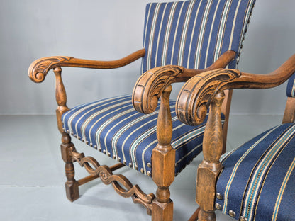 2 Vintage Danish Baroque Style Oak 1950s Elbow Chairs Blue Wool Stripe EB12647