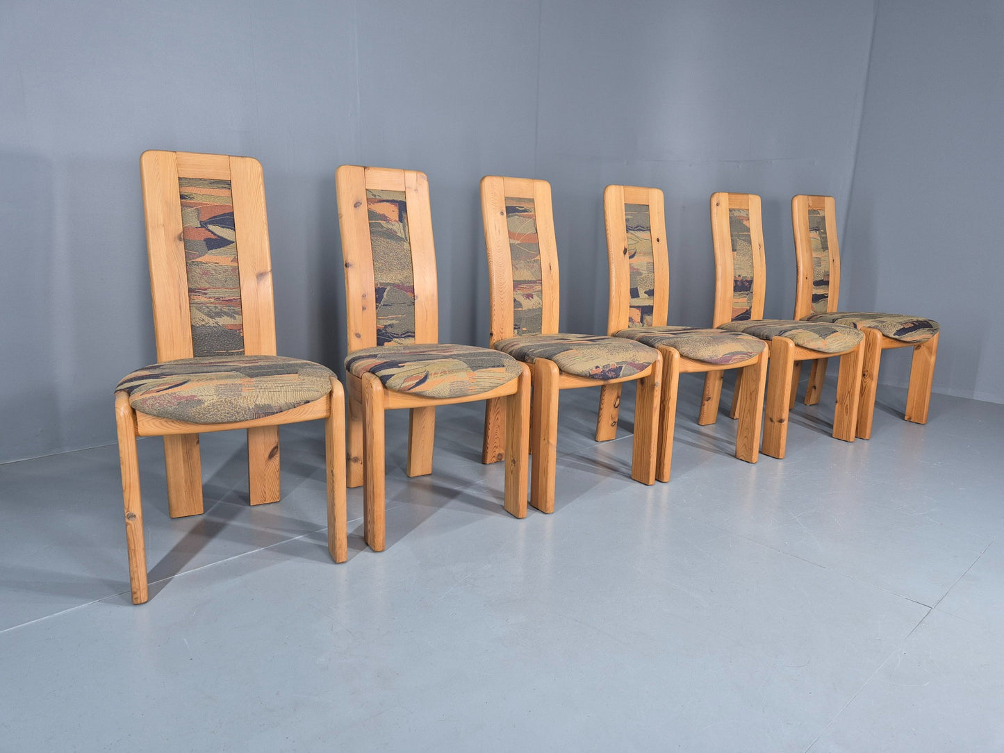 6 Brutalist Pine Dining Chairs 1980s Upholstery Danish Design Retro EB12146