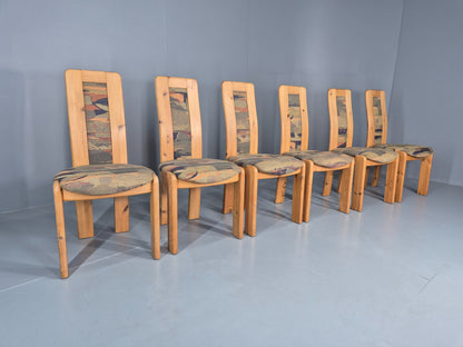 6 Brutalist Pine Dining Chairs 1980s Upholstery Danish Design Retro EB12146