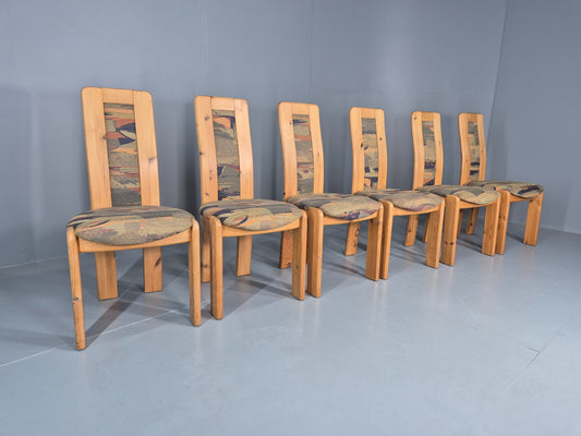6 Brutalist Pine Dining Chairs 1980s Upholstery Danish Design Retro EB12146