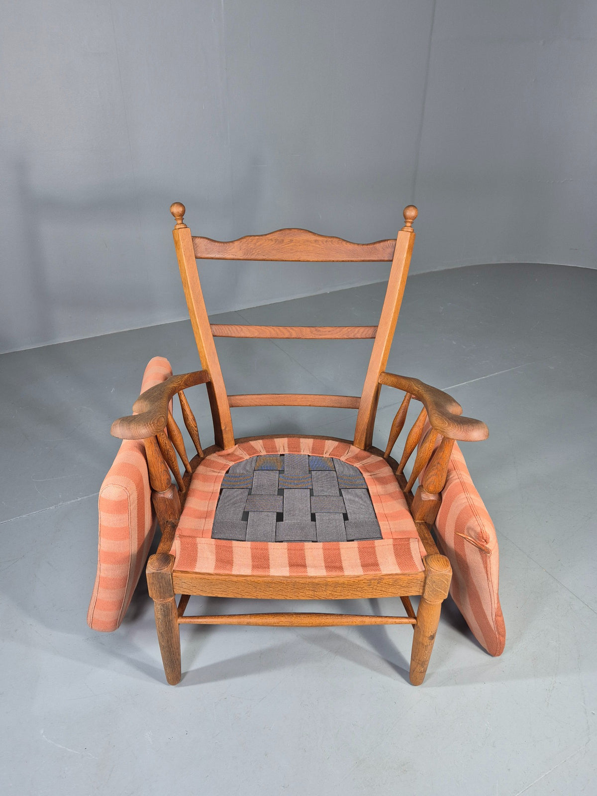 Vintage Danish Oak Lounge Chair 1950s Cottage Style Pink Striped Cotton EB12708