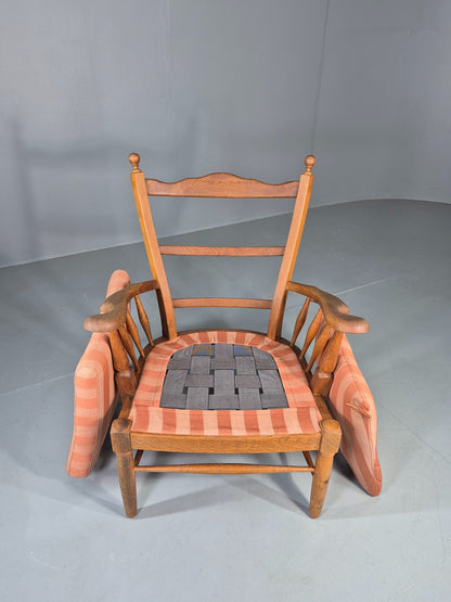 Vintage Danish Oak Lounge Chair 1950s Cottage Style Pink Striped Cotton EB12708