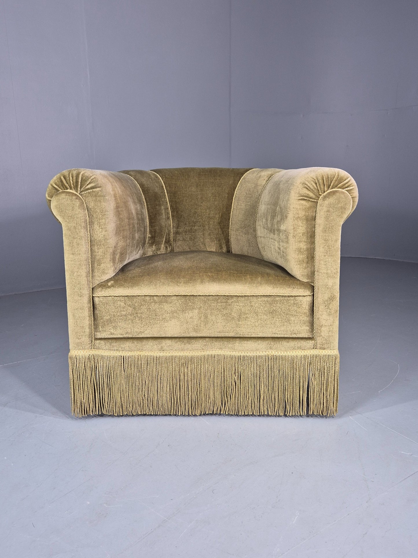 Vintage Danish Art Deco Tub Chair Green Velour Tassels 1940s  EB12710