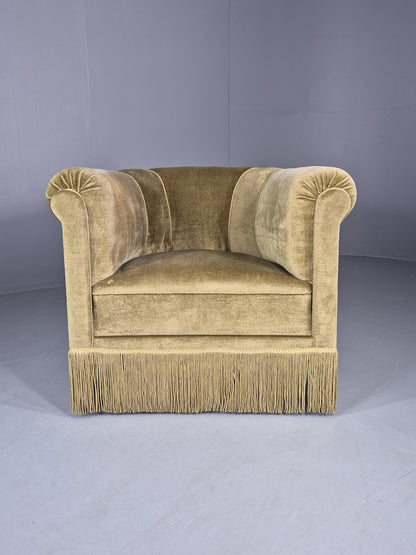 Vintage Danish Art Deco Tub Chair Green Velour Tassels 1940s  EB12710