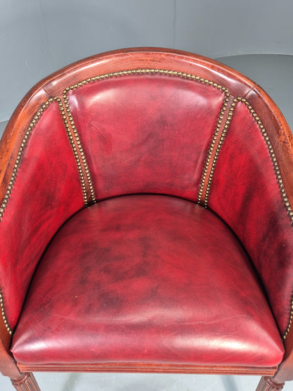 Vintage Tub Chair Antique Style Danish Made Red Vinyl Upholstery EB12696