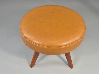Vintage Mid Century Foot Stool Brown Vinyl Danish Teak Round Retro MCM EB12022