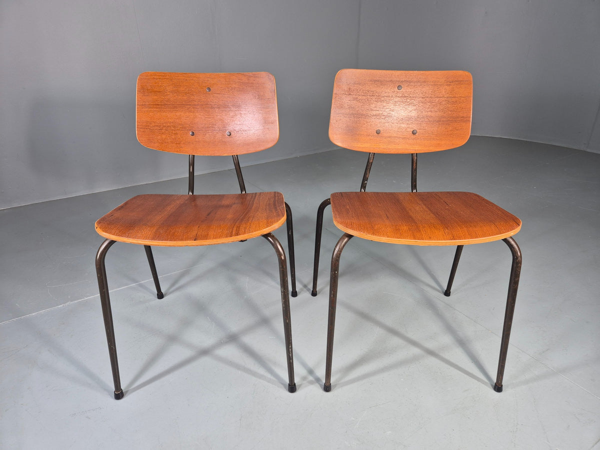 2 Vintage Danish Stacking Chairs Mid Century Industrial Teak Plywood EB13025