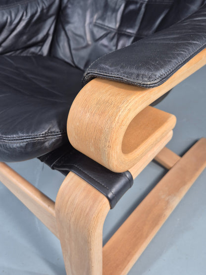 Vintage 1970s Lounge Chair Krokken By Fribytter Leather Bentwood Retro EB11998