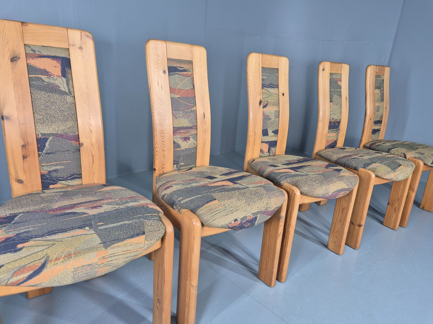 6 Brutalist Pine Dining Chairs 1980s Upholstery Danish Design Retro EB12146
