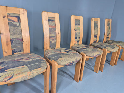 6 Brutalist Pine Dining Chairs 1980s Upholstery Danish Design Retro EB12146