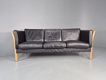 Vintage 3 Seater Sofa Danish Black Leather Mid Century Design Retro EB11925 M3SS