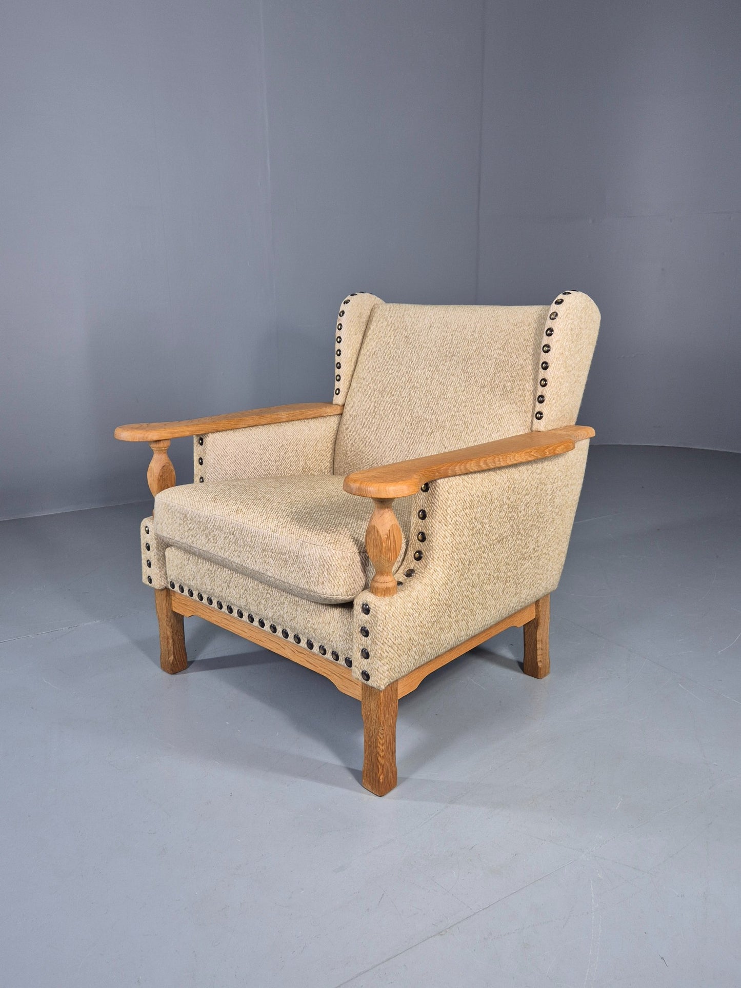 Vintage 1970s Lounge Chair Low Wing Back Kjaernulf Style Oak Retro Cream EB12719