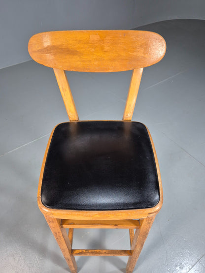 Vintage Mid-century Black Vinyl and Beech Bar Stool 1960s Retro EB07918