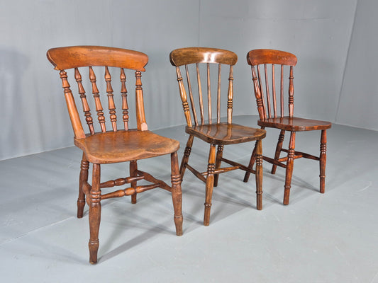 3 Antique Windsor Chairs Elm and Beech Spindle backs Victorian  EB12486